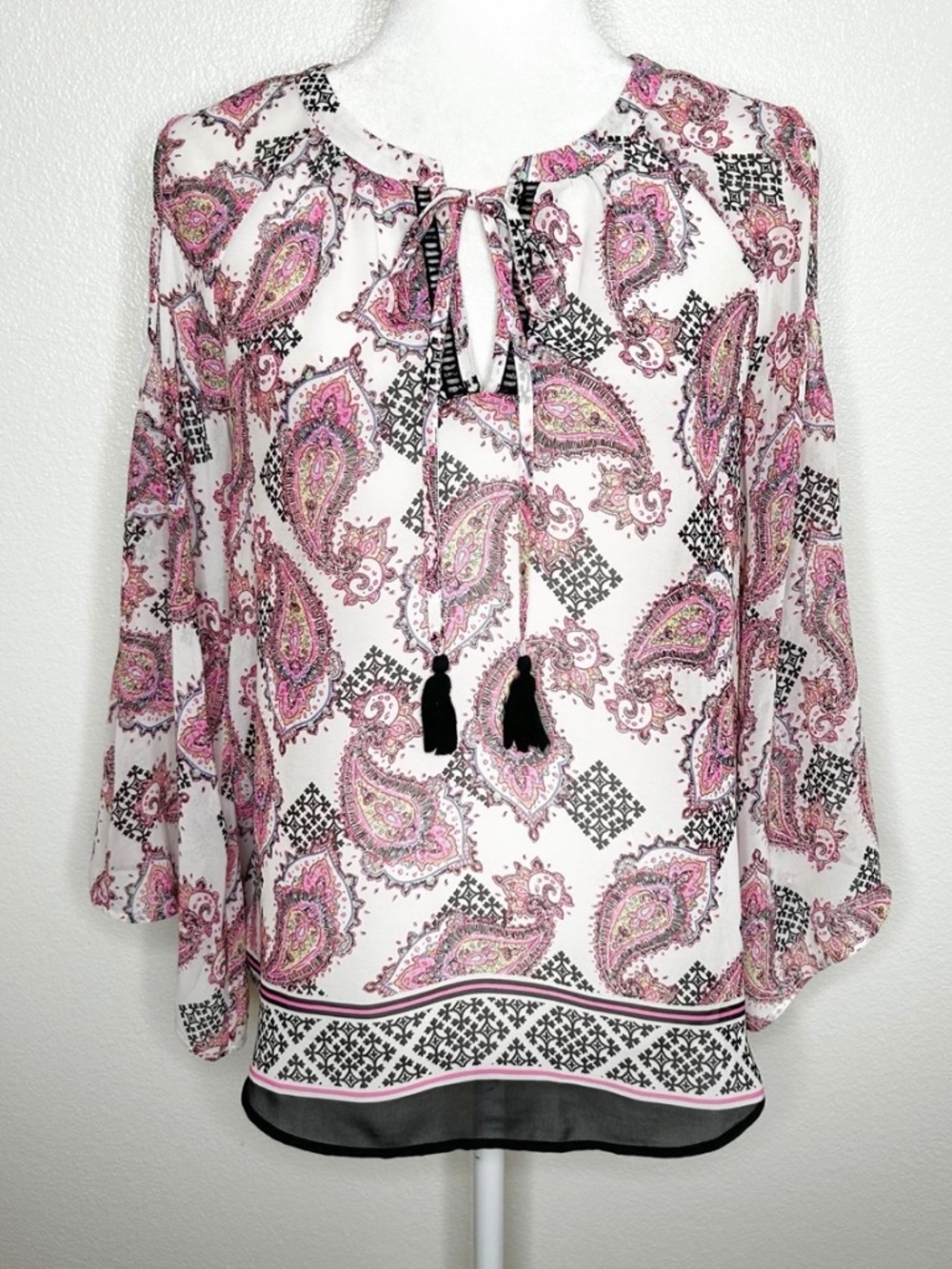 Black Rainn Womens Pink White Paisley Tasseled Peasant Top Flared Sleeve Size S
